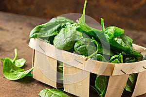 Delicious Spinach. Fresh organic spinach leaves in basket a wooden table. Diet, dieting concept. Vegan food, healthy eating.