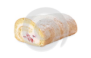 Delicious sponge cake roll with strawberries and cream on white background