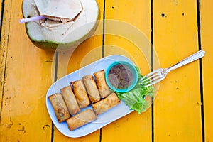 delicious spring rolls on a yellow table - happy meal