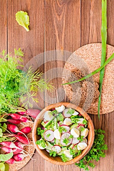 Delicious spring vegetable salad from cucumber, radish, egg