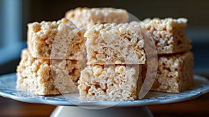 Delicious stack of crispy rice marshmallow treats on plate. Butter Rice Krispie