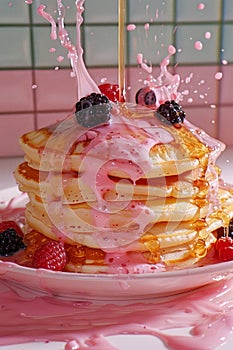 Delicious Stack of Golden Pancakes Drenched in Pink Syrup with Fresh Berries Splashing on a Pink Plate