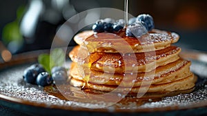 A delicious stack of pancakes, perfectly cooked and topped with fresh blueberries and sweet syrup