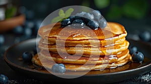 A delicious stack of pancakes, perfectly cooked and topped with fresh blueberries and sweet syrup