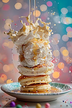 Delicious Stack of Pancakes with Syrup Splash and Butter on Festive Background with Colorful Bokeh