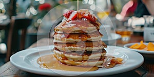 delicious stack of pancakes with syrup and strawberries on a white plate, cafe menu, banner