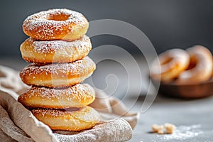 Delicious stack of sugar-coated donuts on rustic cloth captured in soft natural light