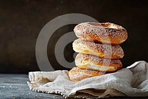 Delicious stack of sugar-coated donuts on rustic cloth captured in soft natural light