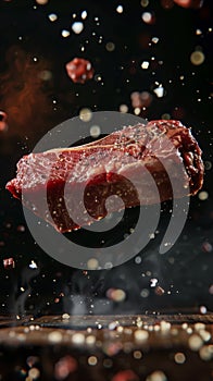 delicious steak floating in the air, professional food photography, studio background, advertising photography, cooking ideas