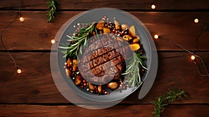 Delicious steak served on plate placed on rustic wooden table. Perfect for restaurant menus or food