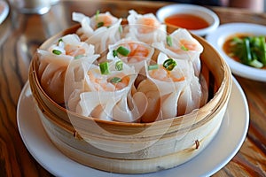 Delicious Steamed Dumplings in Bamboo Steamer on Wooden Table with Sauce and Greens