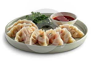 Delicious Steamed Dumplings Served on a Plate with Red Sauce and Fresh Parsley Asian Cuisine Concept