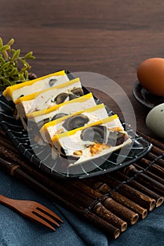 Delicious steamed three color egg made by salted egg, pidan, and chicken egg