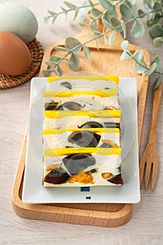 Delicious steamed three color egg made by salted egg, pidan, and chicken egg