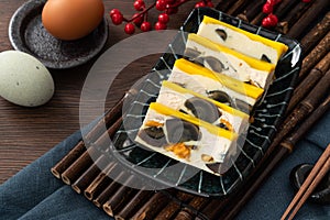Delicious steamed three color egg made by salted egg, pidan, and chicken egg
