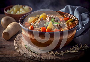 Delicious stew of beef and vegetables in a clay bowl.