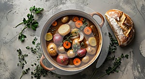 Delicious stew with vegetables in pot and ingredients on gray textured table flat lay Space for text
