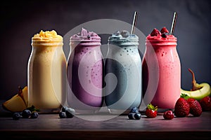 Delicious strawberry banana and blueberry smoothie garnished with fresh berries in jars. Generative Ai