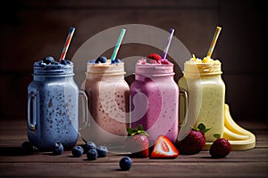 Delicious strawberry banana and blueberry smoothie garnished with fresh berries in jars. Generative Ai