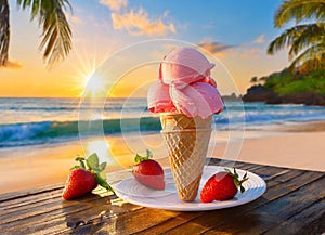 A delicious strawberry ice cream cone on a table on a tropical beach at sunrise or sunset.