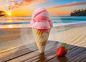 A delicious strawberry ice cream cone on a table on a tropical beach at sunrise or sunset.