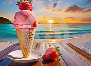 A delicious strawberry ice cream cone on a table on a tropical beach at sunrise or sunset.