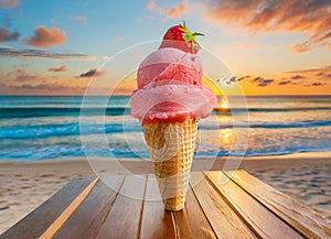 A delicious strawberry ice cream cone on a table on a tropical beach at sunrise or sunset.