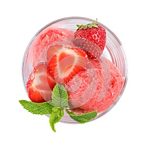Delicious strawberry ice cream with mint and fresh berries in dessert bowl on white background
