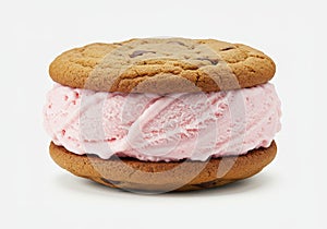 Delicious Strawberry Ice Cream Sandwich A tempting strawberry ice cream sandwich nestled between two chocolate chip cookies photo