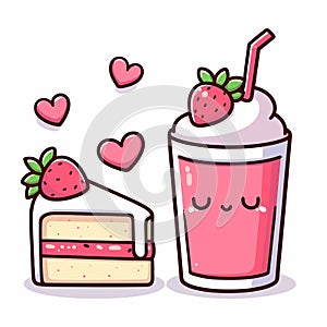 Delicious strawberry milkshake and cake, kawaii cartoon vector illustration graphic design, generative ai
