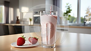 Delicious strawberry milkshake in clear glass on white kitchen counter, sunlit summer scene