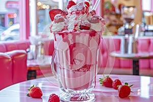 Delicious Strawberry Milkshake Topped with Whipped Cream and Fresh Strawberries in Retro Diner Setting with Pink Aesthetic