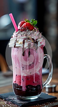 Delicious Strawberry Milkshake Topped with Whipped Cream and a Fresh Strawberry