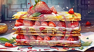 Delicious Strawberry Millefeuille Cake on Foody Background AI Generative