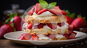 Delicious strawberry shortcake dessert. Juicy strawberry shortcakes