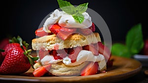 Delicious strawberry shortcake dessert. Juicy strawberry shortcakes