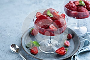 Delicious strawberry sorbet in a glass, vegan  low carb berries ice cream
