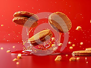 Delicious Stroopwafel Cookies Floating with Caramel on Red Background, Sweet Dutch Dessert Concept