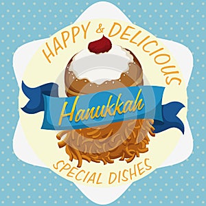 Delicious Sufgania and Latke in Traditional Hanukkah Message, Vector Illustration