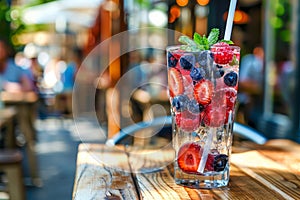 Delicious summer berries cocktail served in glass on rustic wooden table at quaint street cafe