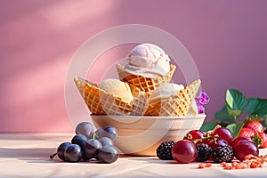 Delicious sundae ice cream with waffle cone. Ice cream with blueberries and strawberries in bowl. Generative AI.