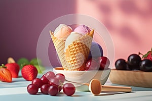 Delicious sundae ice cream with waffle cone. Ice cream with blueberries and strawberries in bowl. Generative AI.
