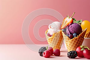 Delicious sundae ice cream with waffle cone. Ice cream with blueberries and strawberries in bowl. Generative AI.