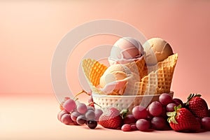 Delicious sundae ice cream with waffle cone. Ice cream with blueberries and strawberries in bowl. Generative AI.