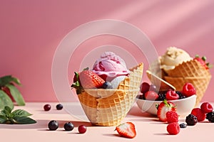 Delicious sundae ice cream with waffle cone. Ice cream with blueberries and strawberries in bowl. Generative AI.