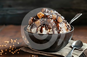 Delicious Sundae with Whipped Cream and Chocolate Syrup