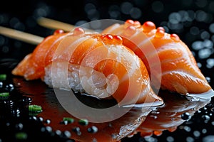 Delicious Sushi Nigiri with Salmon and Roe Close-Up