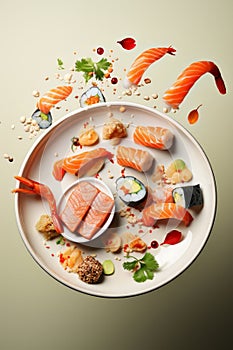 Delicious sushi plate with levitating pieces of shrimp and fish on a gradient light green background