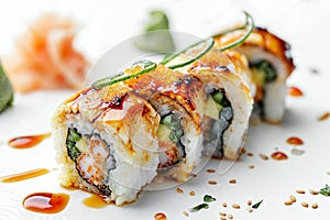 Delicious Sushi Roll with Spicy Sauce Close-Up