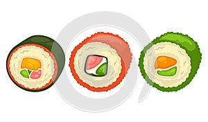 Delicious sushi rolls with fish and greens illustration